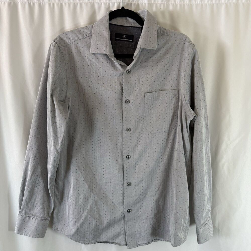 Hart Schaffner Marx Dress Shirt Mens Medium Grey Polka Dot Long Sleeve Button Up